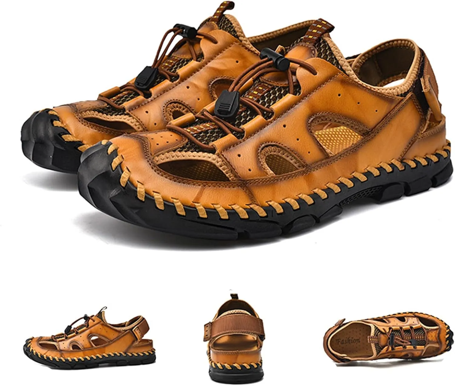 Men's Handmade Genuine Leather Sport Sandals Closed Toe Fisherman Beach Hiking Water Shoes Outdoor Lightweight Trail Casual Sandals