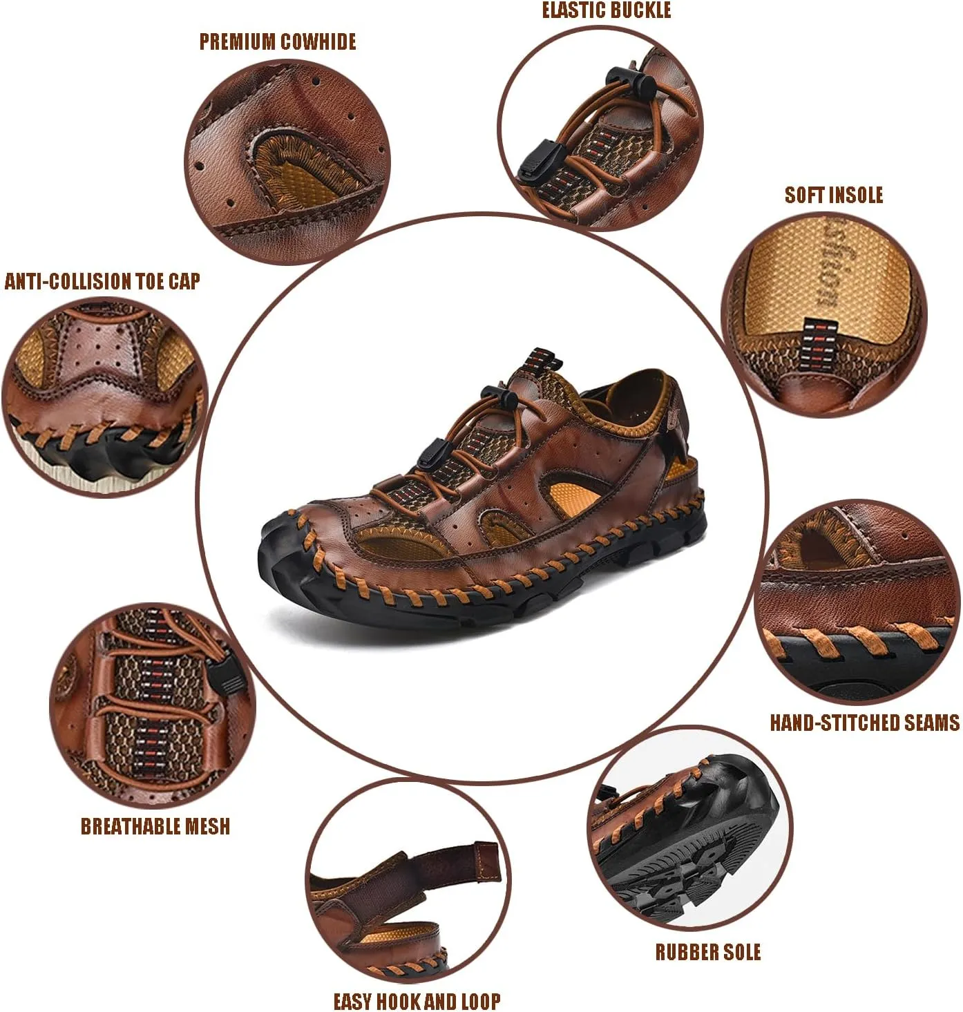 Men's Handmade Genuine Leather Sport Sandals Closed Toe Fisherman Beach Hiking Water Shoes Outdoor Lightweight Trail Casual Sandals