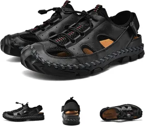 Men's Handmade Genuine Leather Sport Sandals Closed Toe Fisherman Beach Hiking Water Shoes Outdoor Lightweight Trail Casual Sandals