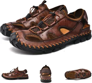 Men's Handmade Genuine Leather Sport Sandals Closed Toe Fisherman Beach Hiking Water Shoes Outdoor Lightweight Trail Casual Sandals