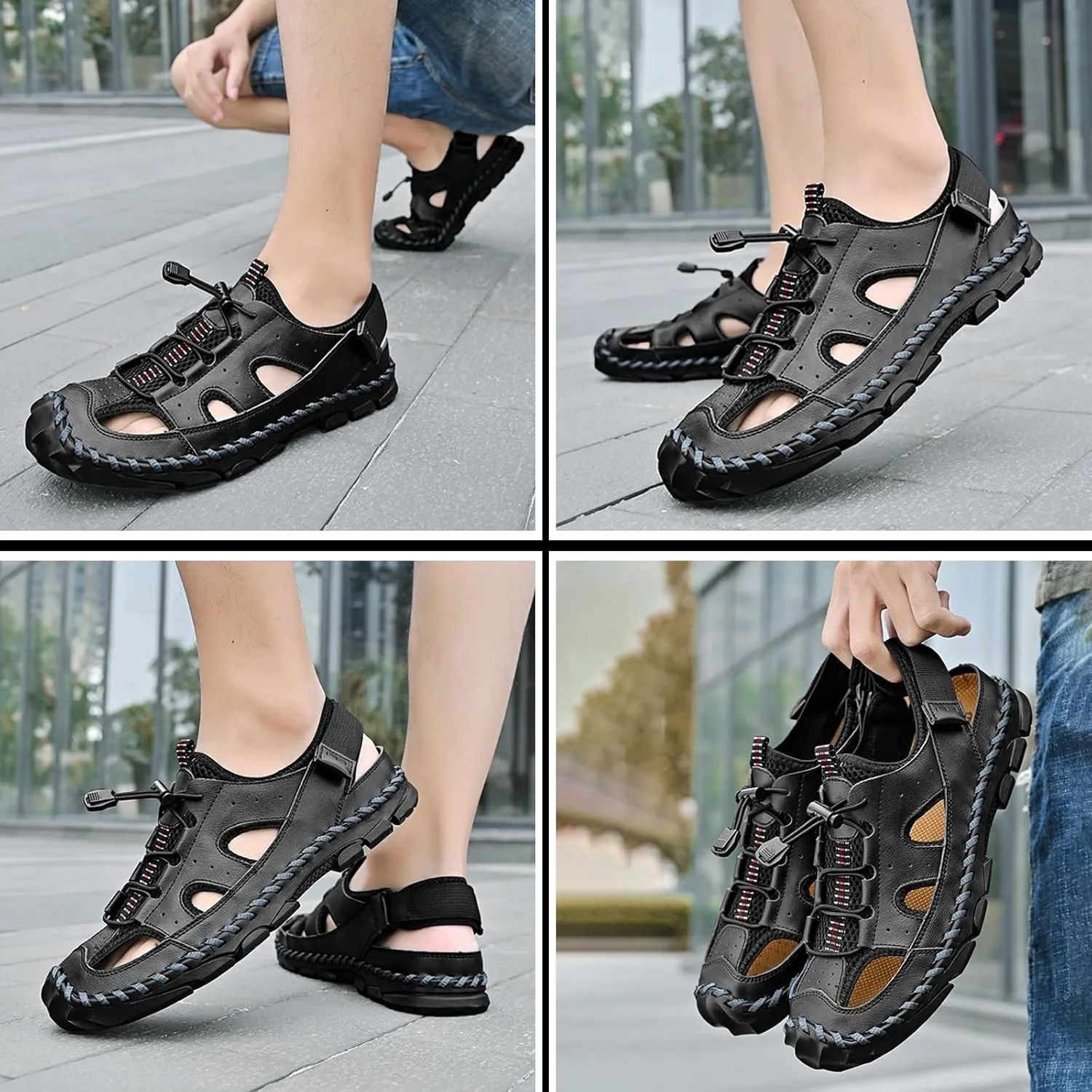 Men's Handmade Genuine Leather Sport Sandals Closed Toe Fisherman Beach Hiking Water Shoes Outdoor Lightweight Trail Casual Sandals