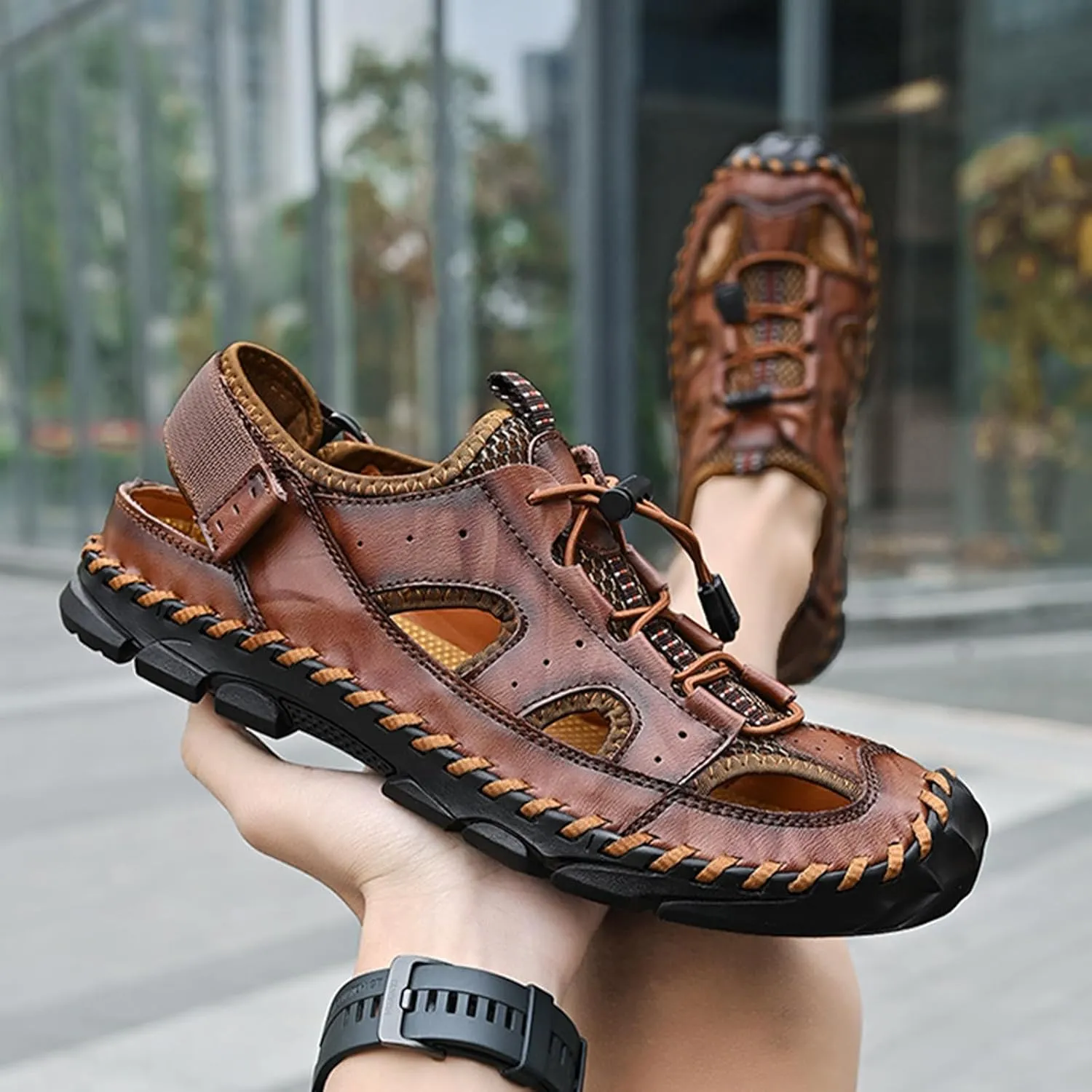Men's Handmade Genuine Leather Sport Sandals Closed Toe Fisherman Beach Hiking Water Shoes Outdoor Lightweight Trail Casual Sandals