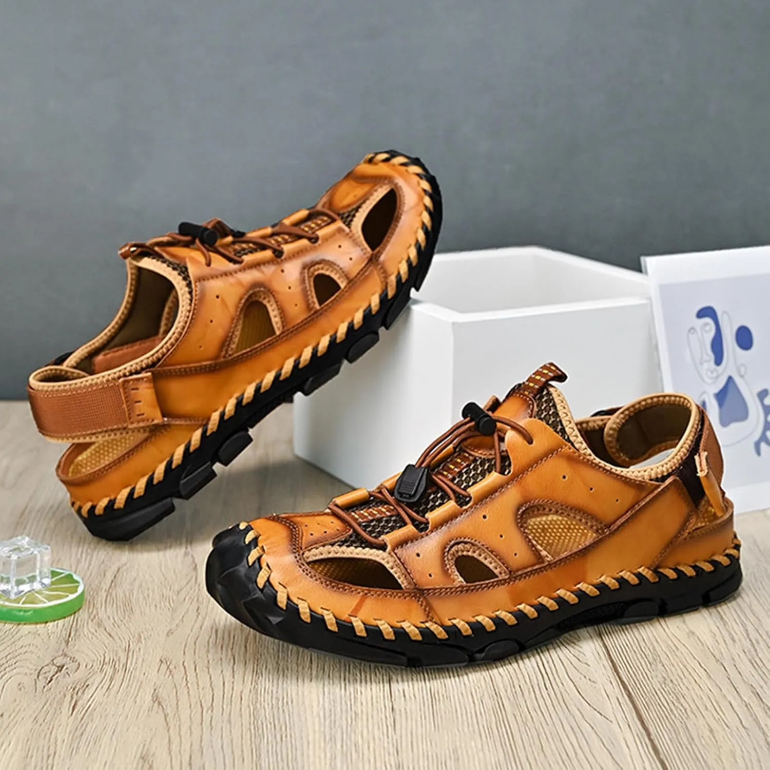Men's Handmade Genuine Leather Sport Sandals Closed Toe Fisherman Beach Hiking Water Shoes Outdoor Lightweight Trail Casual Sandals