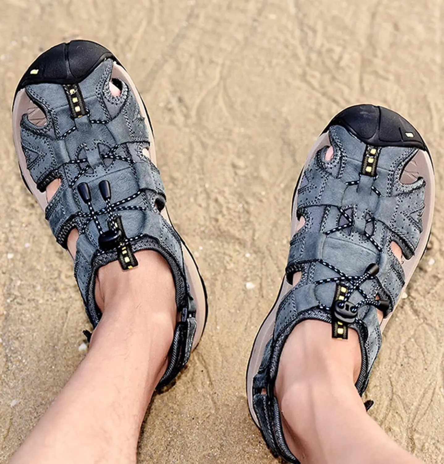 Mens Hiking Sandals Outdoor Sports Summer Leather Beach Fisherman Water Shoes Adjustable Closed Toe Walking Trekking Sandals Casual Breathable Non-Slip Athletic Sandals Waterproof