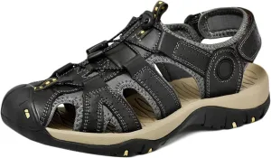 Mens Hiking Sandals Outdoor Sports Summer Leather Beach Fisherman Water Shoes Adjustable Closed Toe Walking Trekking Sandals Casual Breathable Non-Slip Athletic Sandals Waterproof