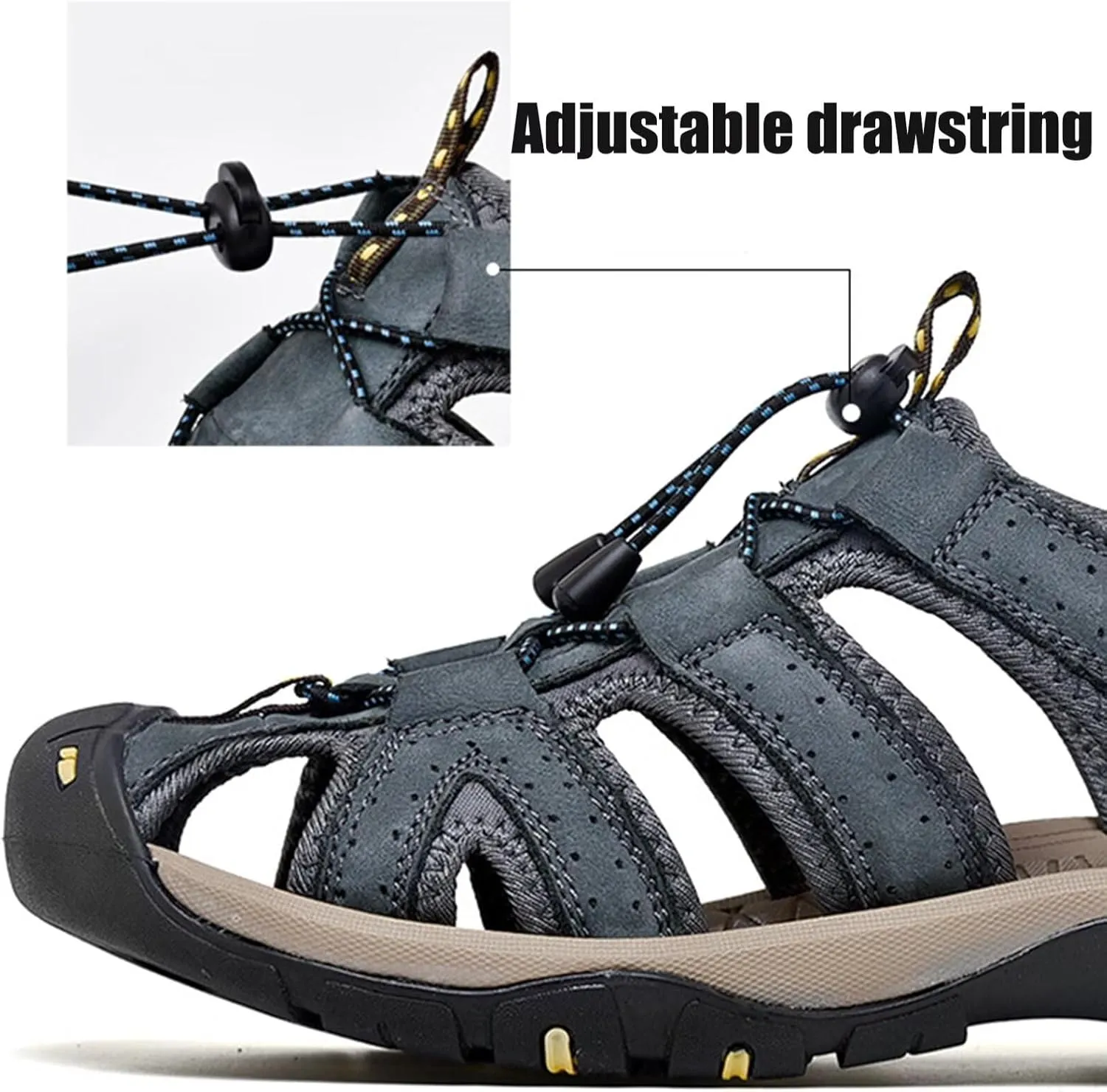 Mens Hiking Sandals Outdoor Sports Summer Leather Beach Fisherman Water Shoes Adjustable Closed Toe Walking Trekking Sandals Casual Breathable Non-Slip Athletic Sandals Waterproof