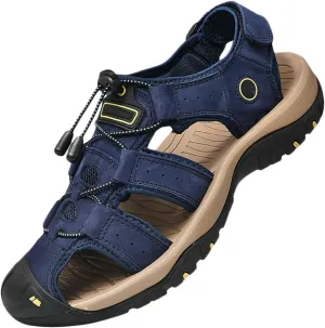 Mens Hiking Sandals Outdoor Sports Summer Leather Beach Fisherman Water Shoes Adjustable Closed Toe Walking Trekking Sandals Casual Breathable Non-Slip Athletic Sandals Waterproof