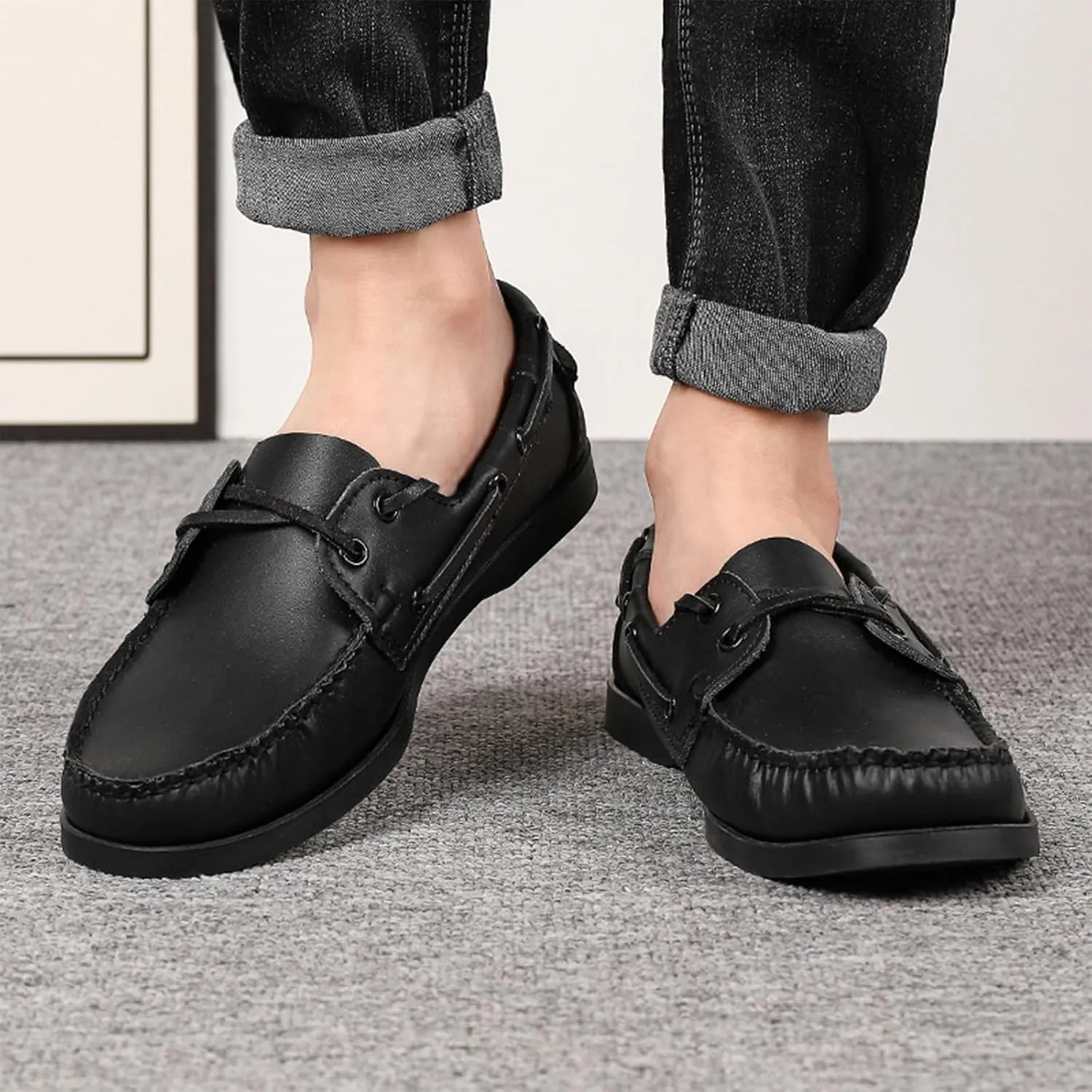 Men's Leather Flat Lace-Up 2-Eye Boat Shoes Retro Rounded Wide Toe Slip-On Comfor Moccasins Loafers Soft Sole Non Slip lace up Casual Business Work Walking Driving Shoes