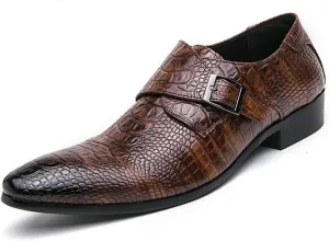 Men's Leather Monk Buckle Pointed-Toe Dress Oxford Shoes, Fashionable Chunky Low Heel Slip-on Low Top Business Formal Loafers for Office Work