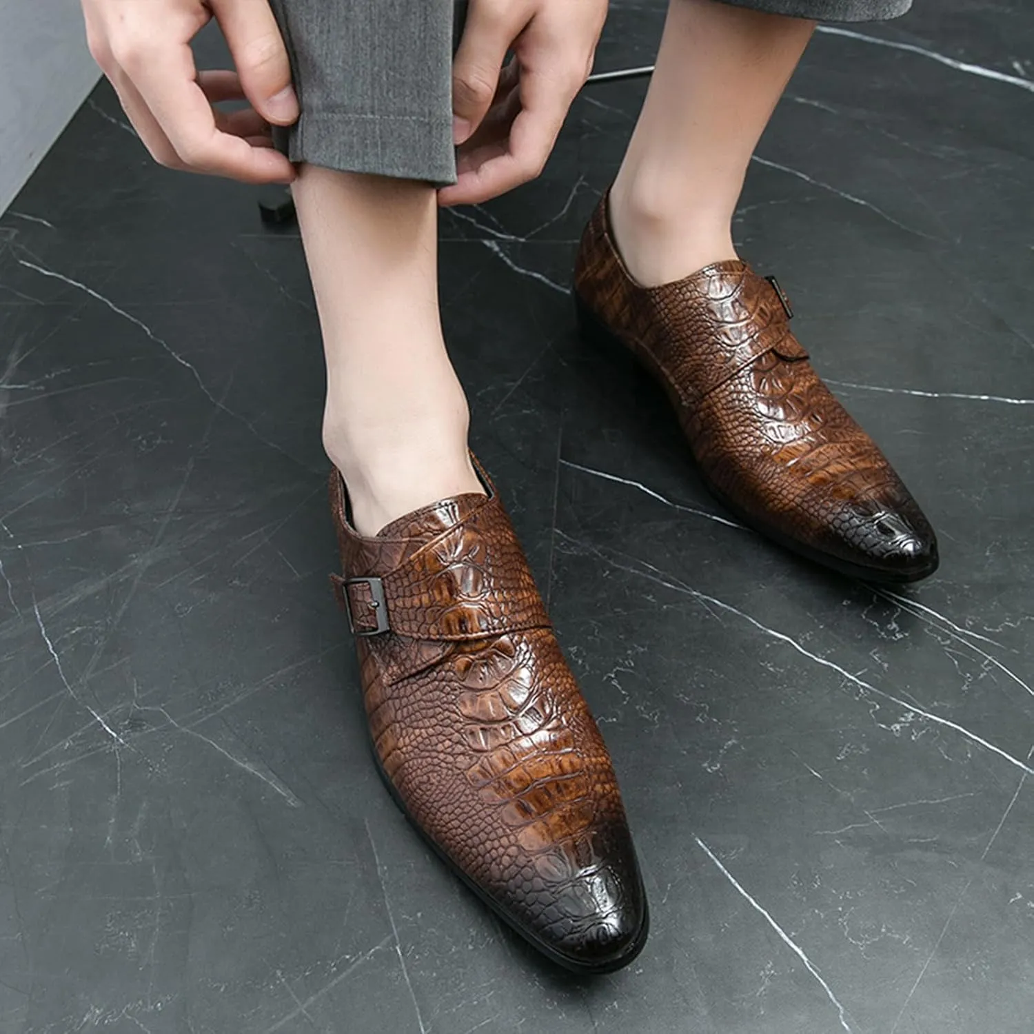 Men's Leather Monk Buckle Pointed-Toe Dress Oxford Shoes, Fashionable Chunky Low Heel Slip-on Low Top Business Formal Loafers for Office Work