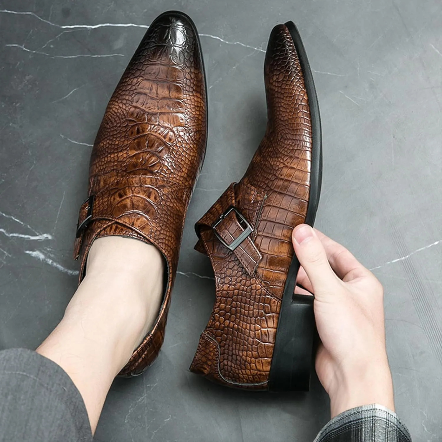 Men's Leather Monk Buckle Pointed-Toe Dress Oxford Shoes, Fashionable Chunky Low Heel Slip-on Low Top Business Formal Loafers for Office Work