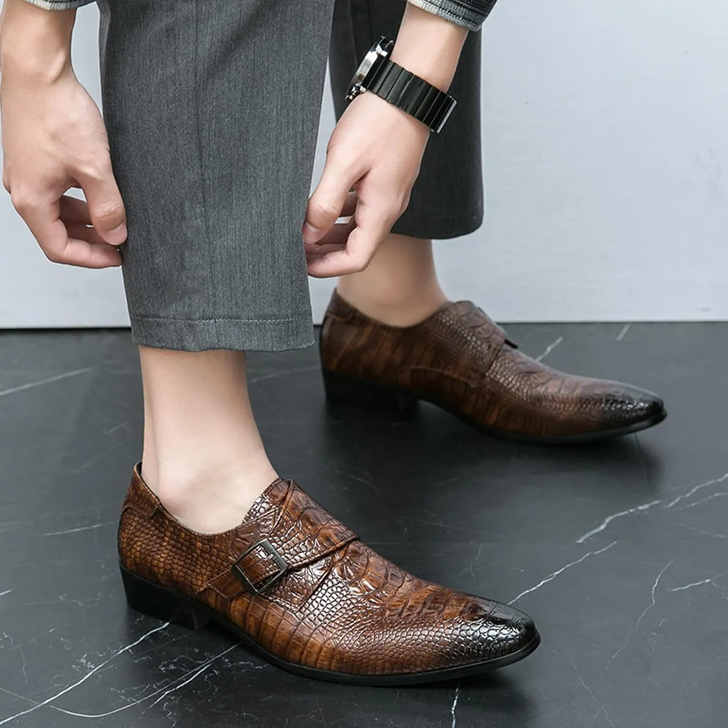 Men's Leather Monk Buckle Pointed-Toe Dress Oxford Shoes, Fashionable Chunky Low Heel Slip-on Low Top Business Formal Loafers for Office Work
