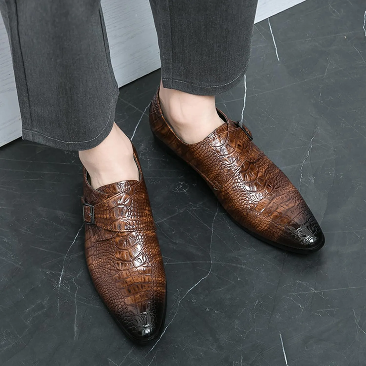 Men's Leather Monk Buckle Pointed-Toe Dress Oxford Shoes, Fashionable Chunky Low Heel Slip-on Low Top Business Formal Loafers for Office Work