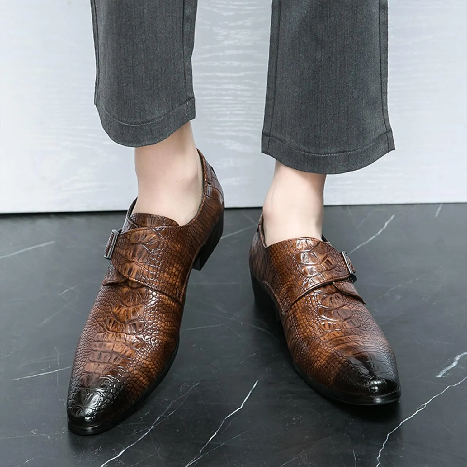 Men's Leather Monk Buckle Pointed-Toe Dress Oxford Shoes, Fashionable Chunky Low Heel Slip-on Low Top Business Formal Loafers for Office Work