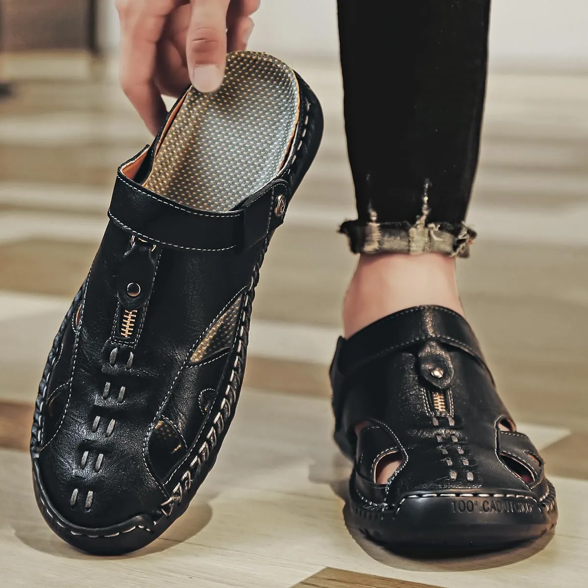 Men's Leather Sandals Premium Genuine Leather Sandals Hand Sewn Cowhide Design Comfortable Non-Slip Trendy Casual Durable Shoes Perfect for Summer Walking & Beach