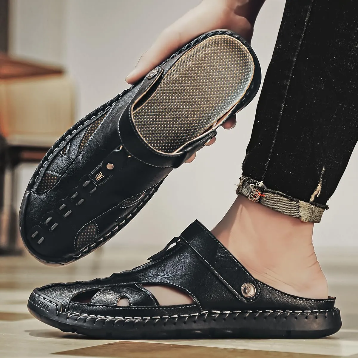 Men's Leather Sandals Premium Genuine Leather Sandals Hand Sewn Cowhide Design Comfortable Non-Slip Trendy Casual Durable Shoes Perfect for Summer Walking & Beach