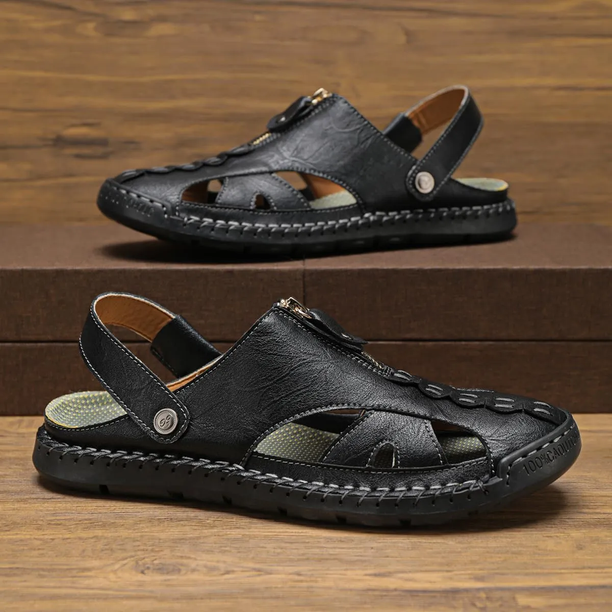Men's Leather Sandals Premium Genuine Leather Sandals Hand Sewn Cowhide Design Comfortable Non-Slip Trendy Casual Durable Shoes Perfect for Summer Walking & Beach