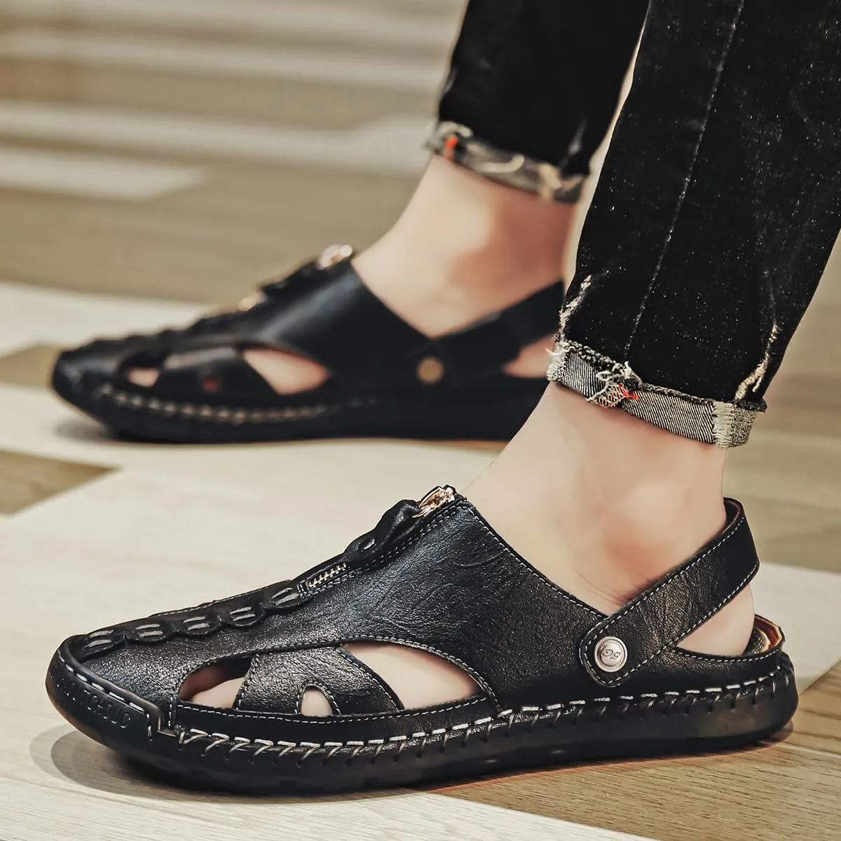 Men's Leather Sandals Premium Genuine Leather Sandals Hand Sewn Cowhide Design Comfortable Non-Slip Trendy Casual Durable Shoes Perfect for Summer Walking & Beach
