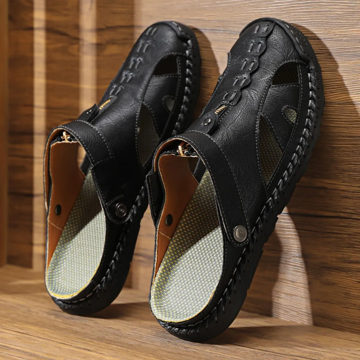Men's Leather Sandals Premium Genuine Leather Sandals Hand Sewn Cowhide Design Comfortable Non-Slip Trendy Casual Durable Shoes Perfect for Summer Walking & Beach