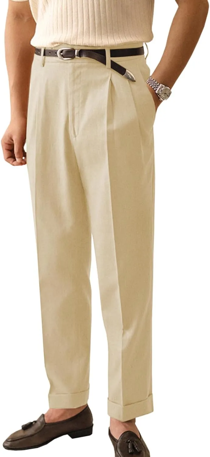 Men's Linen Dress Pants Vintage Relaxed Fit Straight Legs Linen Blend Elastic Waist Pants