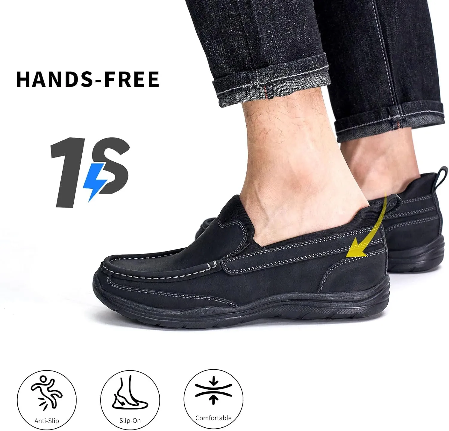 Mens Slip On Loafers Casual Hands Free Slip in Shoes Step in Walking Leather Shoes for Men with Breathable Comfort