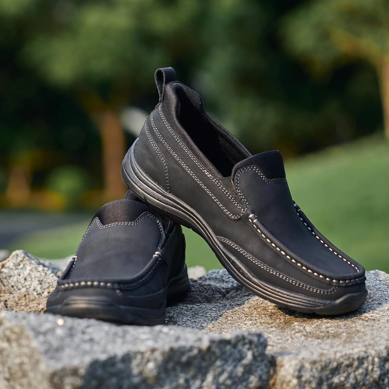 Mens Slip On Loafers Casual Hands Free Slip in Shoes Step in Walking Leather Shoes for Men with Breathable Comfort