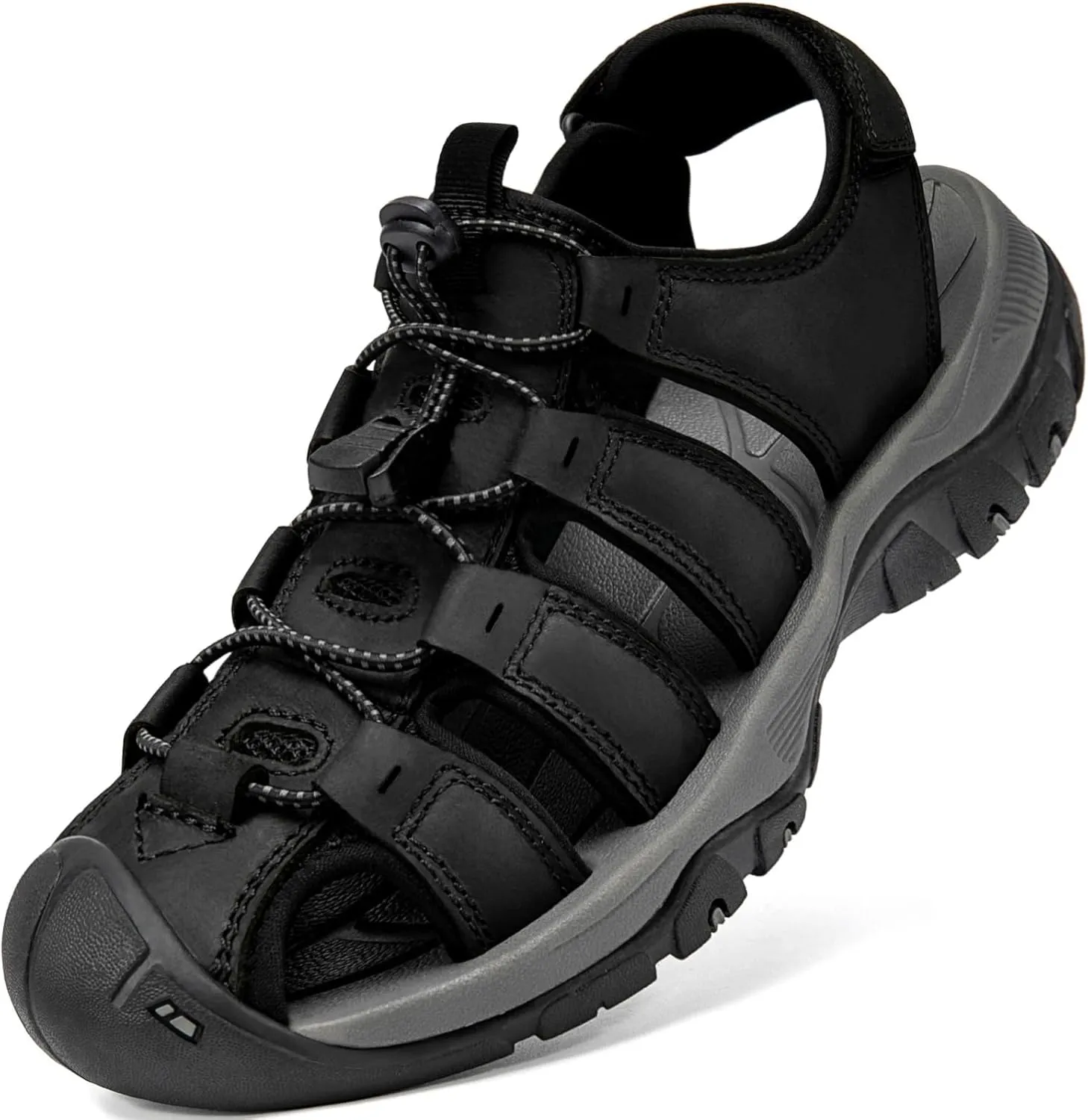 Men's Sport Sandals Closed Toe Leather Hiking Athletic Walking Outdoor Beach Trail River Fishing Water Shoes Lightweight Comfortable Waterproof A-Black