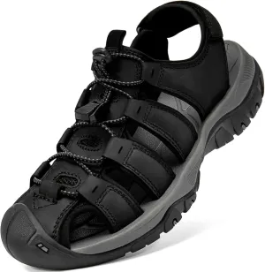 Men's Sport Sandals Closed Toe Leather Hiking Athletic Walking Outdoor Beach Trail River Fishing Water Shoes Lightweight Comfortable Waterproof A-Black