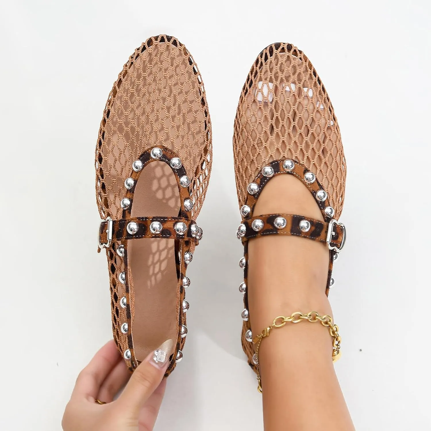 Mesh Ballet Flats for Women Round Toe Buckle Strap Comfy Casual Mesh Ballet Mary Jane Shoes Summer Flats Shoes