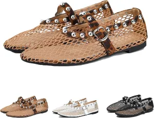 Mesh Ballet Flats for Women Round Toe Buckle Strap Comfy Casual Mesh Ballet Mary Jane Shoes Summer Flats Shoes