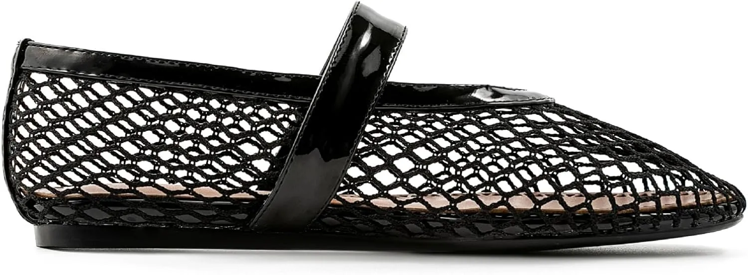 Mesh Ballet Flats for Womens Fishnet Mary Janes Flats Buckle Strap Comfy Casual Office Ballerina Flat Shoes