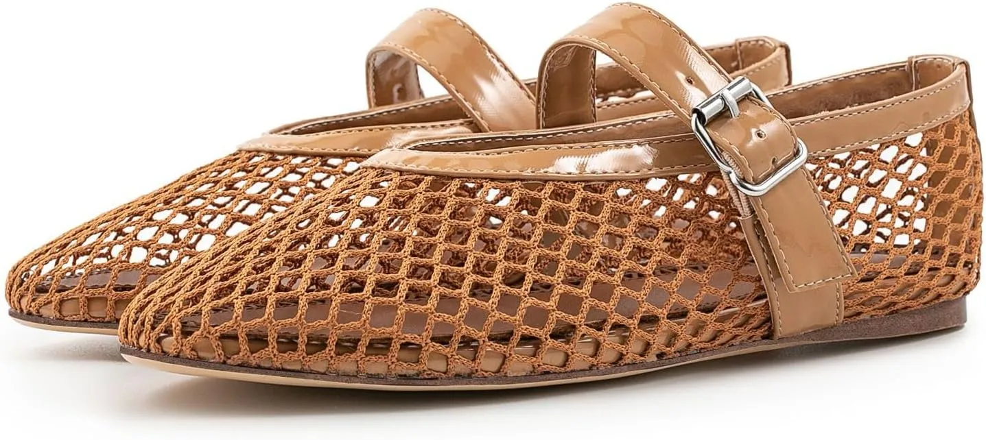 Mesh Ballet Flats for Womens Fishnet Mary Janes Flats Buckle Strap Comfy Casual Office Ballerina Flat Shoes