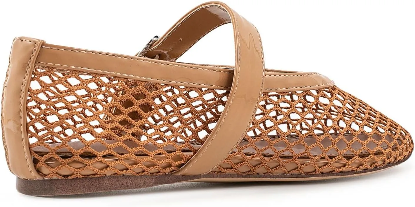 Mesh Ballet Flats for Womens Fishnet Mary Janes Flats Buckle Strap Comfy Casual Office Ballerina Flat Shoes