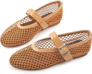 Mesh Ballet Flats for Womens Fishnet Mary Janes Flats Buckle Strap Comfy Casual Office Ballerina Flat Shoes
