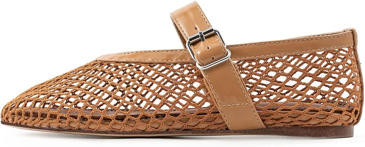 Mesh Ballet Flats for Womens Fishnet Mary Janes Flats Buckle Strap Comfy Casual Office Ballerina Flat Shoes