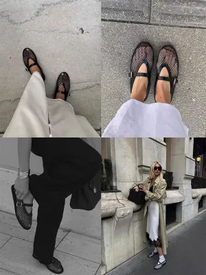 Mesh Ballet Flats for Womens Fishnet Mary Janes Flats Buckle Strap Comfy Casual Office Ballerina Flat Shoes