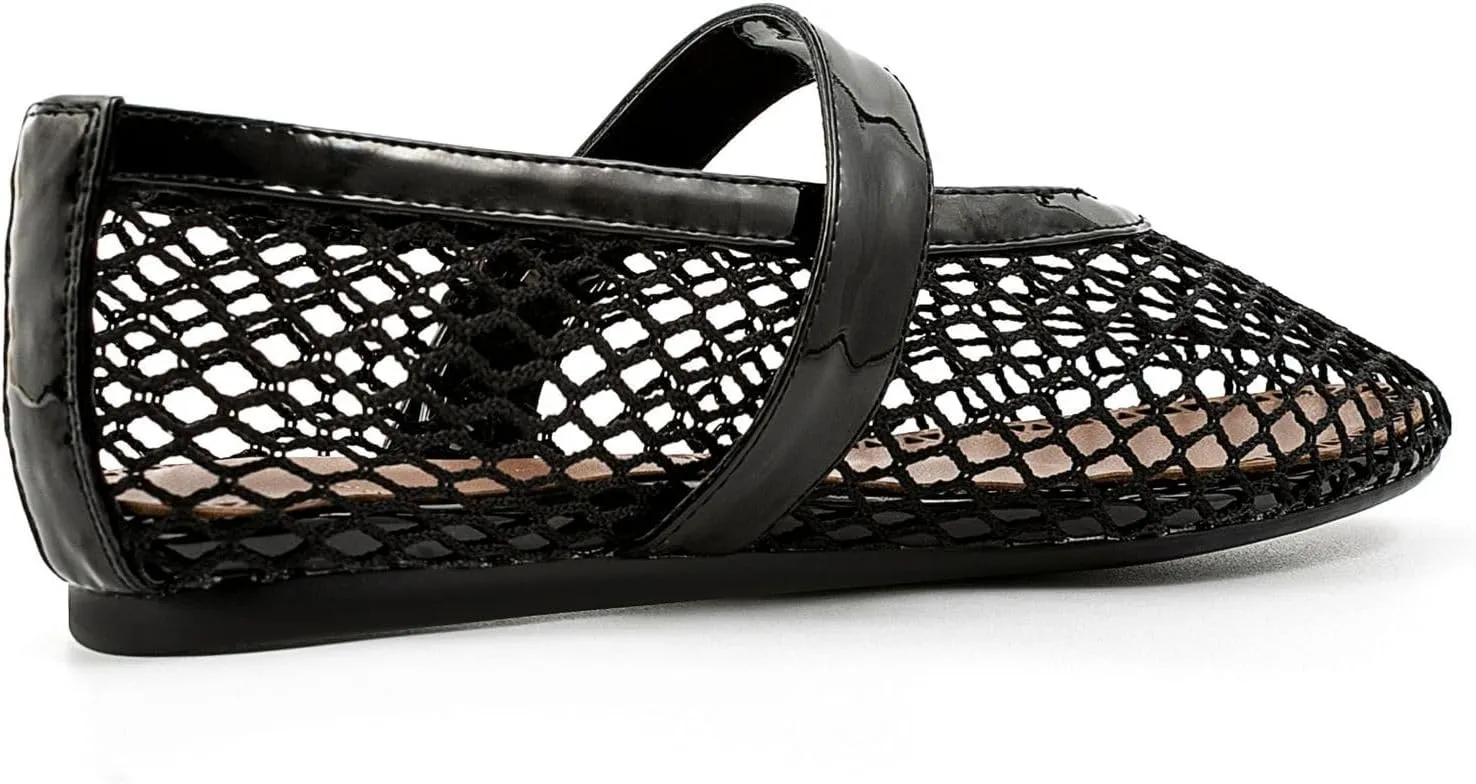 Mesh Ballet Flats for Womens Fishnet Mary Janes Flats Buckle Strap Comfy Casual Office Ballerina Flat Shoes
