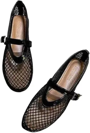Mesh Ballet Flats Shoes for Women Buckle Strap Mary Jane Flats