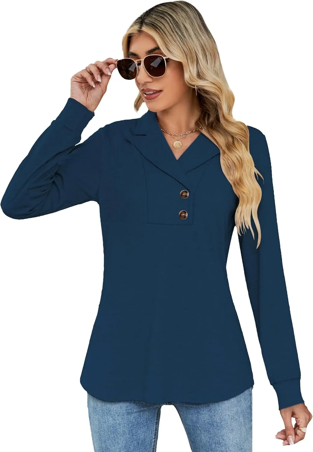Micoson Women's Long Sleeve Button Lapel Tunic Tops V Neck Business Casual Swing Sweatshirt Pullover