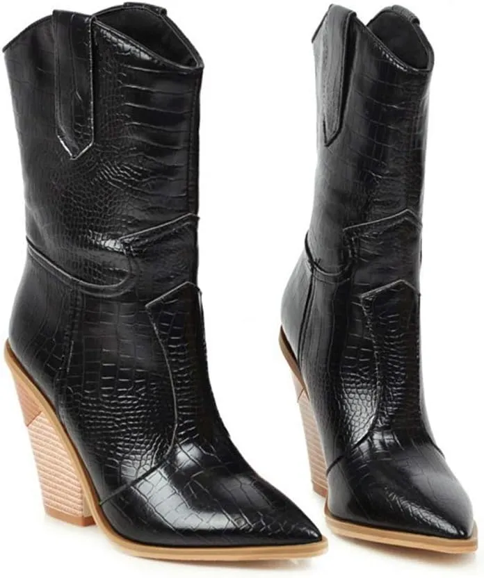 MIOKE Women's Western Cowboy Chelsea Ankle Boots Pointed Toe Pull On Chunky Stacked High Heel Riding Booties