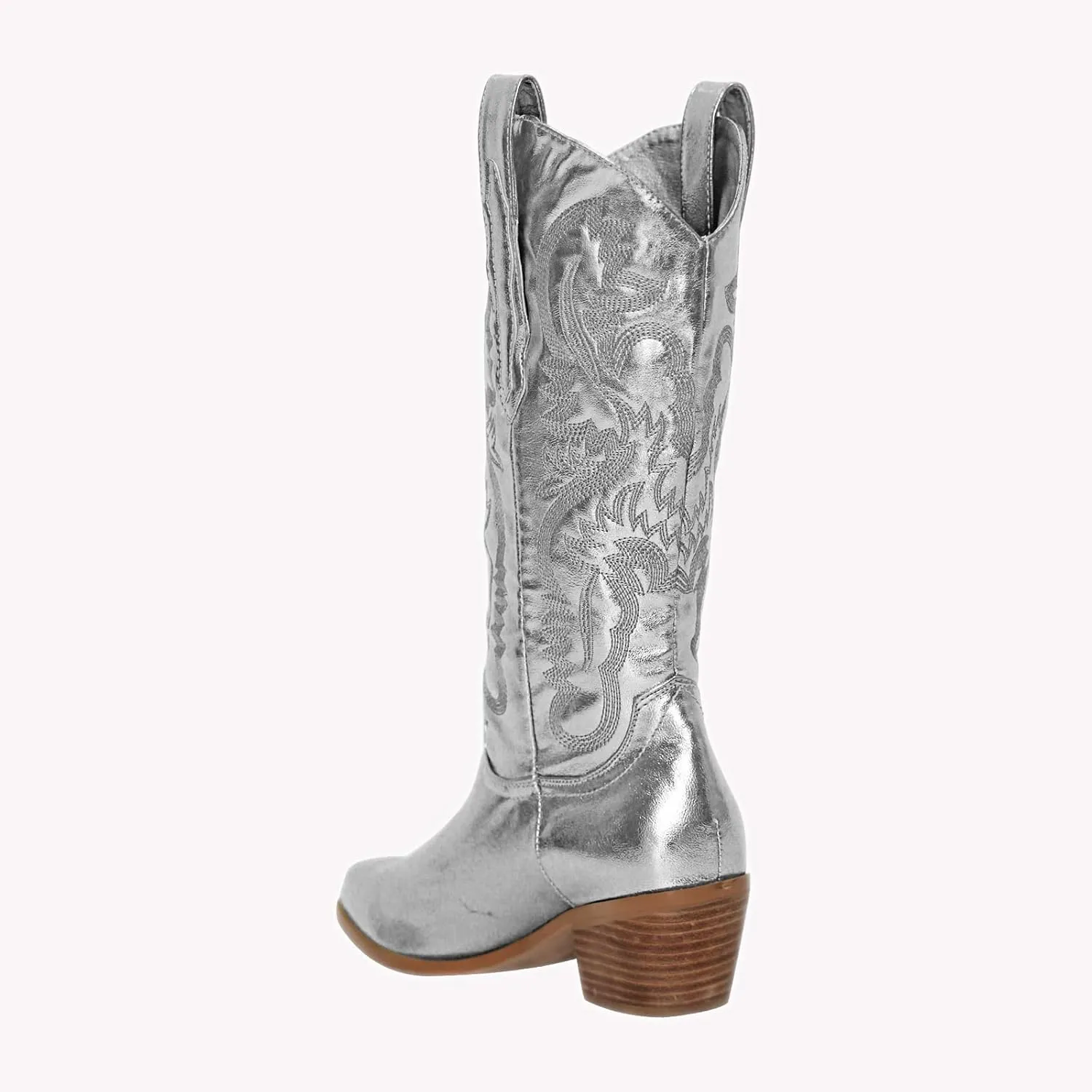 MissHeel Mid Calf Cowgirl Boots Embroidered Block Chunky Heel in Pink Silver