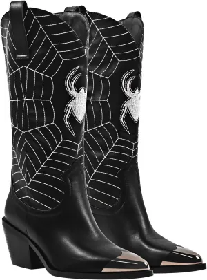 MissHeel Mid Calf Cowgirl Boots Embroidered Block Chunky Heel in Pink Silver