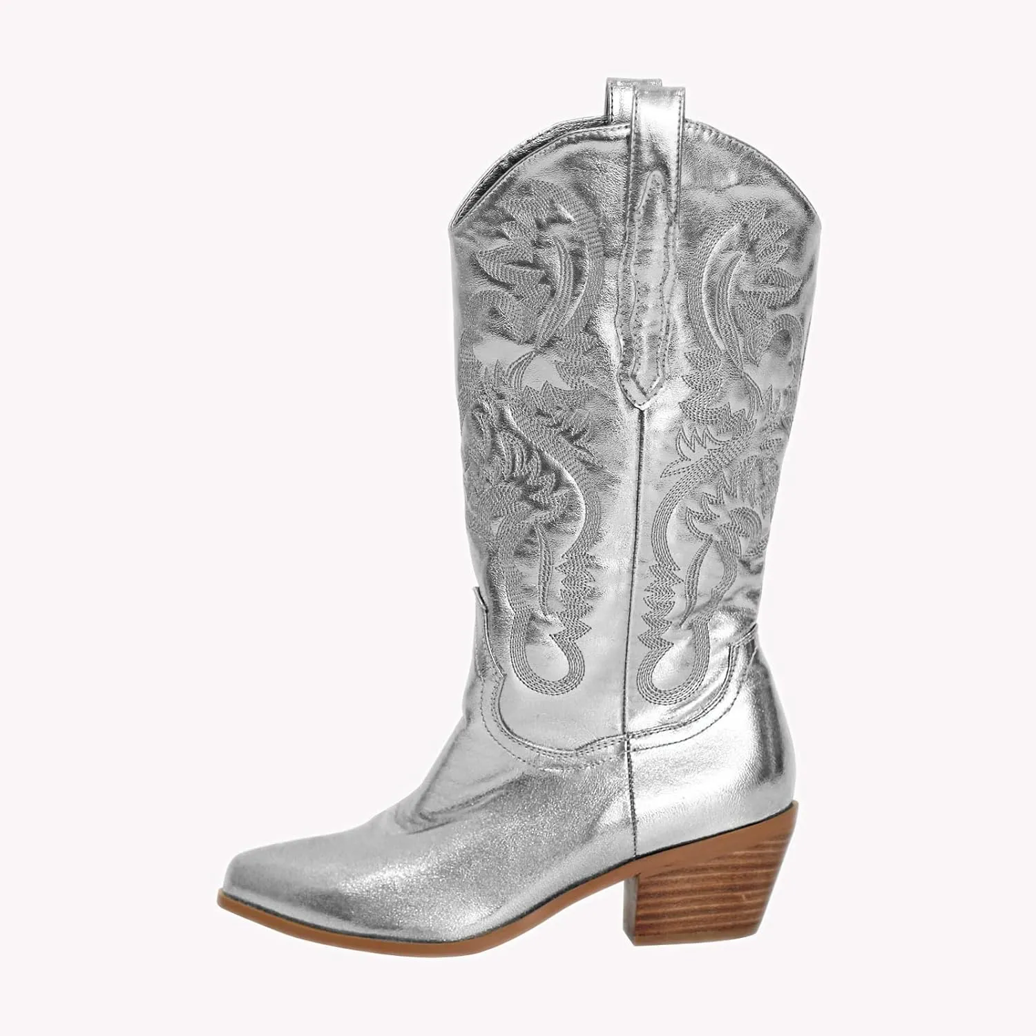 MissHeel Mid Calf Cowgirl Boots Embroidered Block Chunky Heel in Pink Silver
