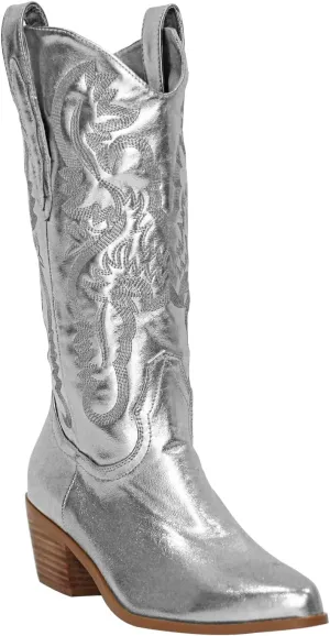MissHeel Mid Calf Cowgirl Boots Embroidered Block Chunky Heel in Pink Silver