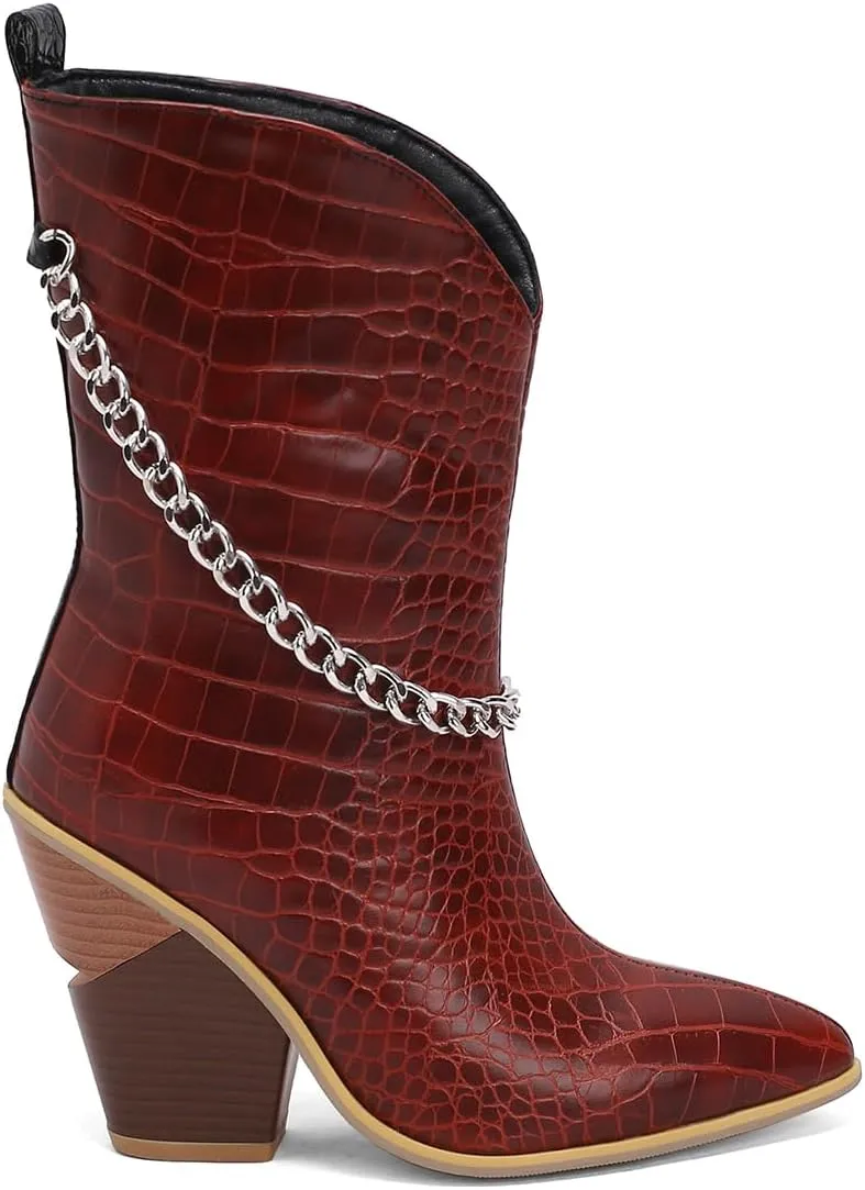 MOOMMO Women Chunky Stacked Heel Western Mid Calf Boots Pointed Toe Pull On Cowboy Cowgirl Boots Metal Chain Snakeskin Crocodile Boots Animal Print V Cut Fashion Fall Booties Party Office 4-15 M US