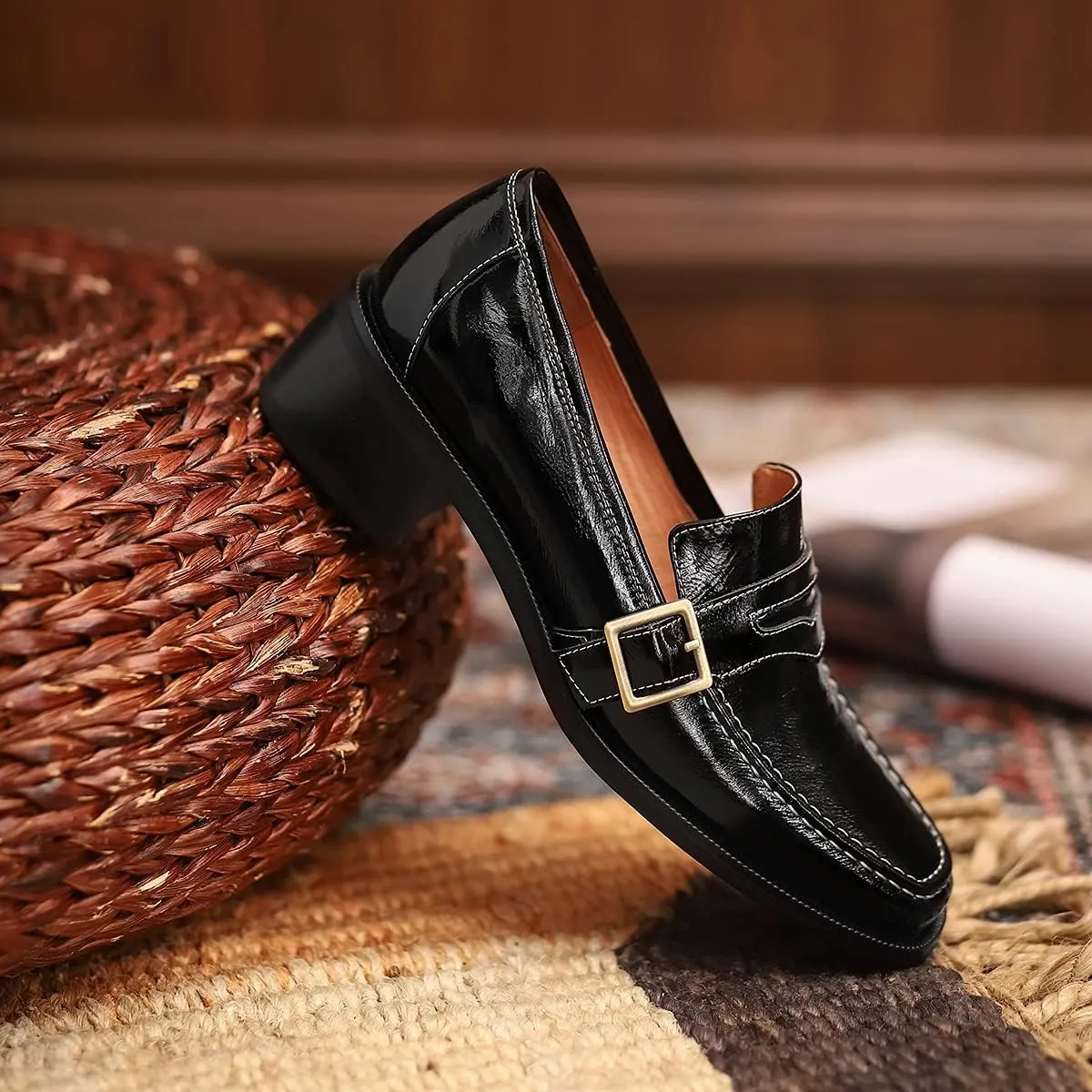 MOOMMO Women Classic Penny Loafers Closed Square Toe Patent Low Heel Loafers Slip On Metal Buckle 2" Chunky Heel Comfy Office Lady Vintage Dress Loafer Shoes Size 4-9 M US