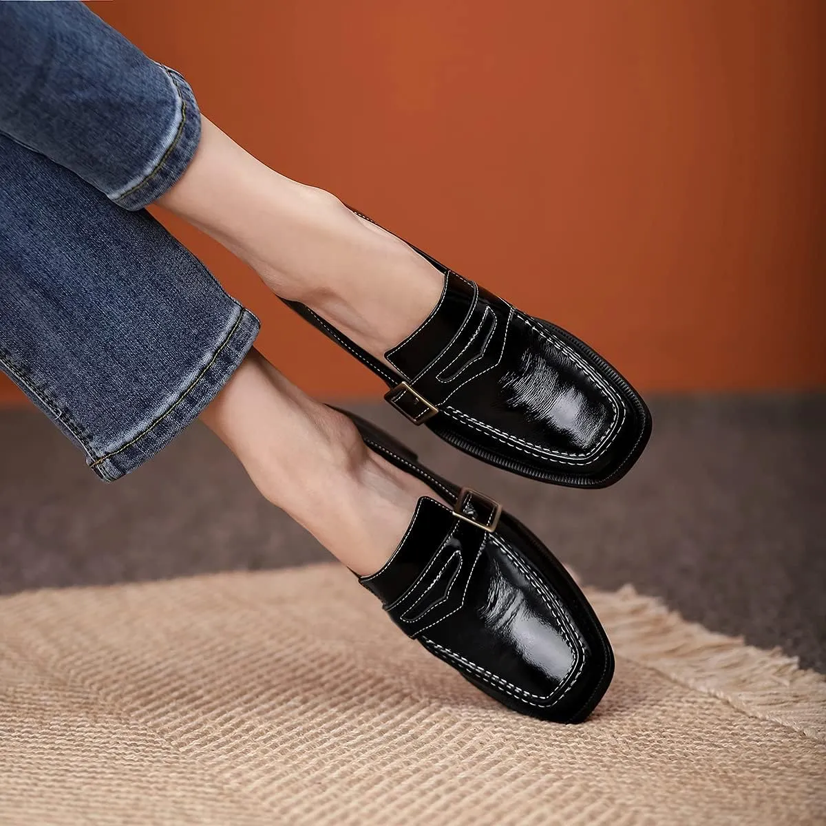 MOOMMO Women Classic Penny Loafers Closed Square Toe Patent Low Heel Loafers Slip On Metal Buckle 2" Chunky Heel Comfy Office Lady Vintage Dress Loafer Shoes Size 4-9 M US