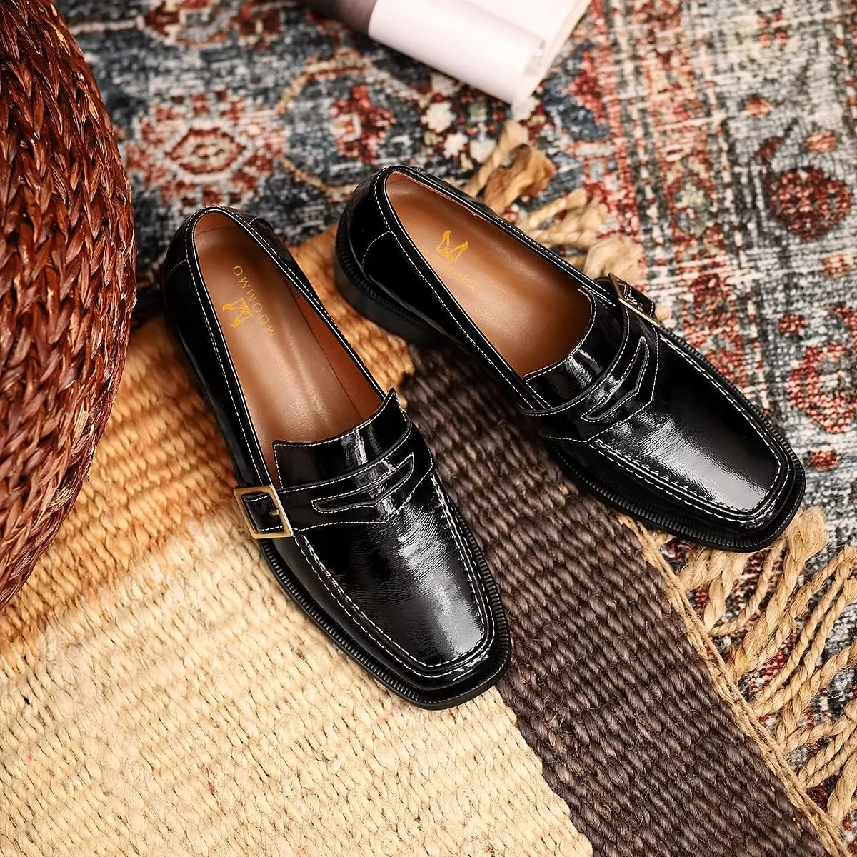 MOOMMO Women Classic Penny Loafers Closed Square Toe Patent Low Heel Loafers Slip On Metal Buckle 2" Chunky Heel Comfy Office Lady Vintage Dress Loafer Shoes Size 4-9 M US