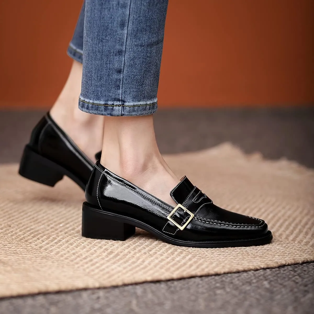 MOOMMO Women Classic Penny Loafers Closed Square Toe Patent Low Heel Loafers Slip On Metal Buckle 2" Chunky Heel Comfy Office Lady Vintage Dress Loafer Shoes Size 4-9 M US