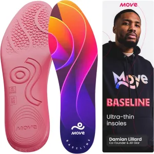 MOVE Baseline - All-Purpose Insoles - Sock Liner - Ultra Thin Shock Absorption - Maximum Freedom of Movement and Energy Return for Cleats, Shoes, Running, Basketball, Baseball (M7-7.5/WM 8.5-9)